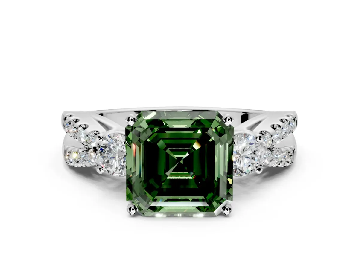3 Stone Engagement Ring Setting for Fancy Green Asscher Cut Center with Pave Split Shank and Prong Head in Sterling Silver