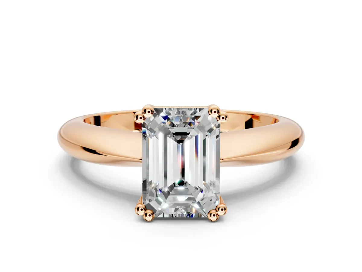 Solitaire Engagement Ring Setting for Emerald Cut Center with Reverse Tapered Band and Prong Head in Rose Gold