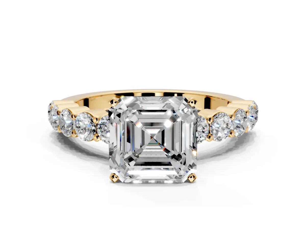 Shared-Prong Engagement Ring Setting for Asscher Cut Center with Graduated Accents and Prong Head in Yellow Gold