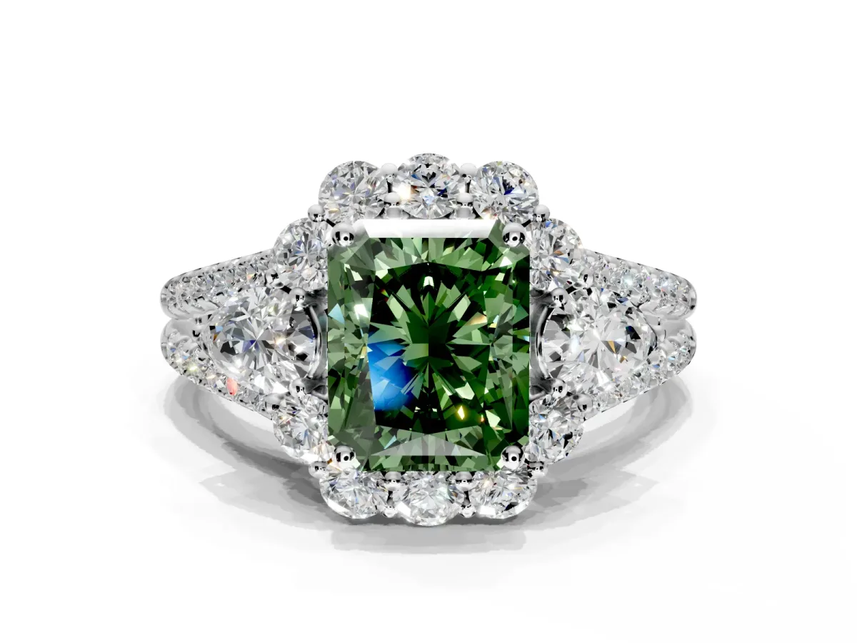 Halo Engagement Ring Setting for Fancy Green Radiant Cut Center with Two-Strand Split Shank and Prong Head in Platinum