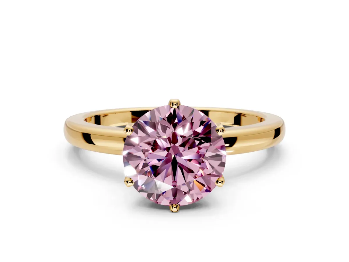 Solitaire Engagement Ring Setting for Fancy Pink Round Cut Center with Plain Band and Tulip Prong Head in Yellow Gold