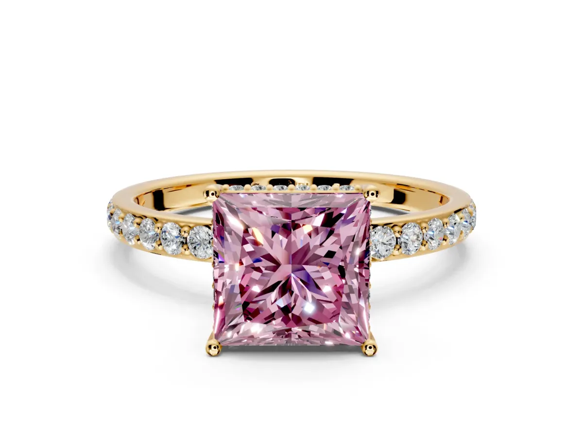 Hidden Halo Engagement Ring Setting for Fancy Pink Princess Cut Center with Pave Band and Prong Head in Yellow Gold