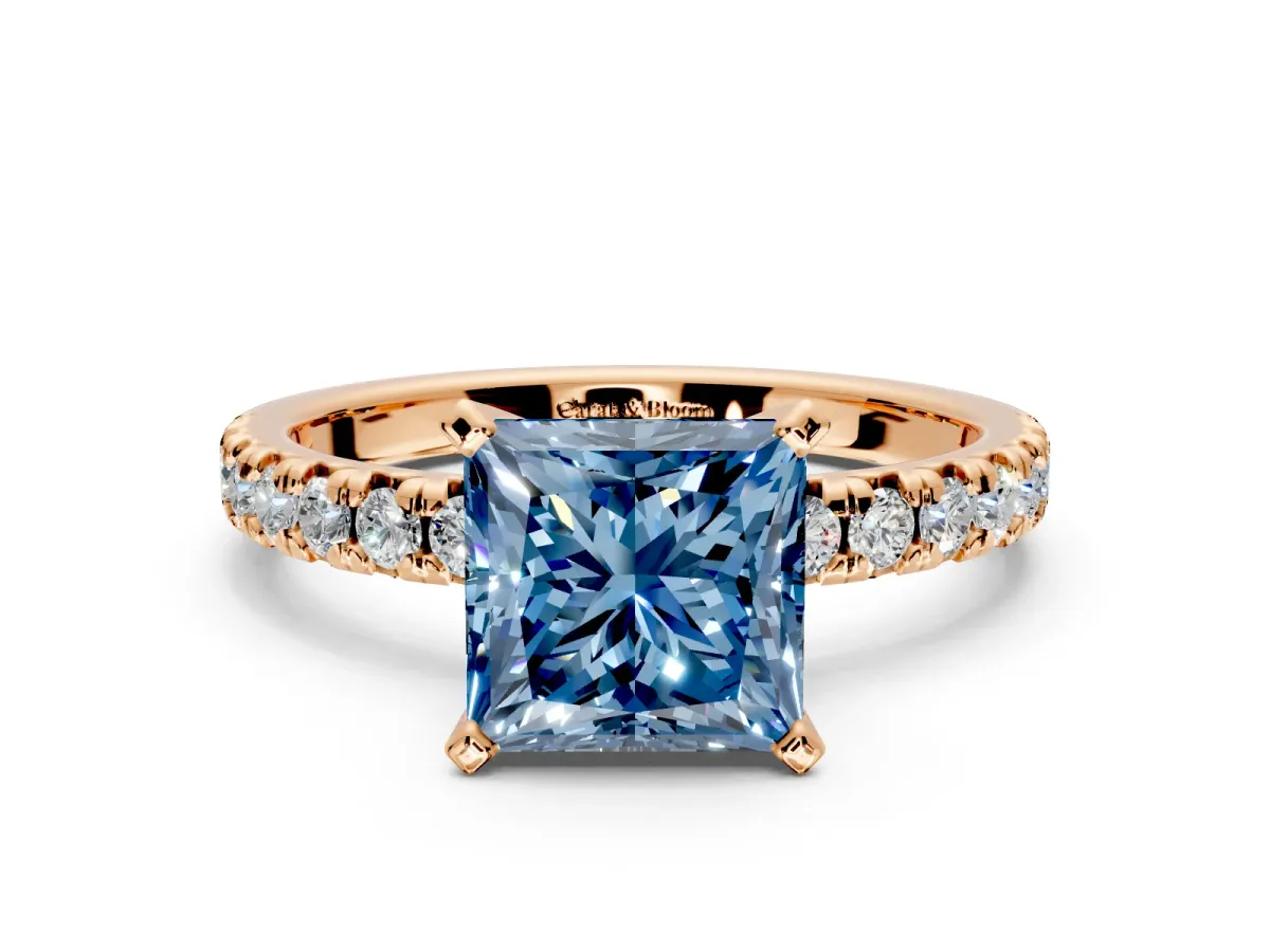 Solitaire Engagement Ring Setting for Fancy Blue Princess Cut Center with Large Accents and Prong Head in Rose Gold