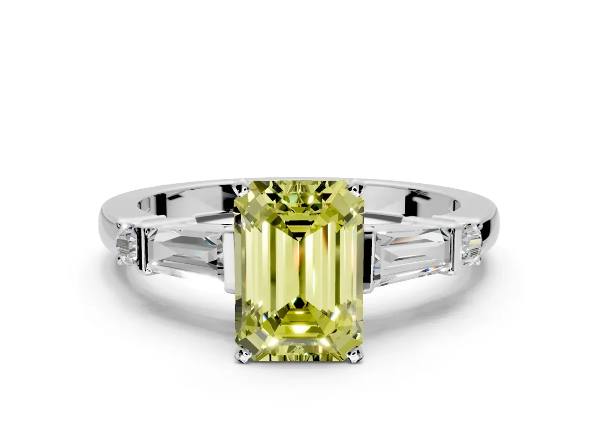 Bar-Set Engagement Ring Setting for Fancy Yellow Emerald Cut Center with Tapered Baguette Accents and Prong Head in Platinum