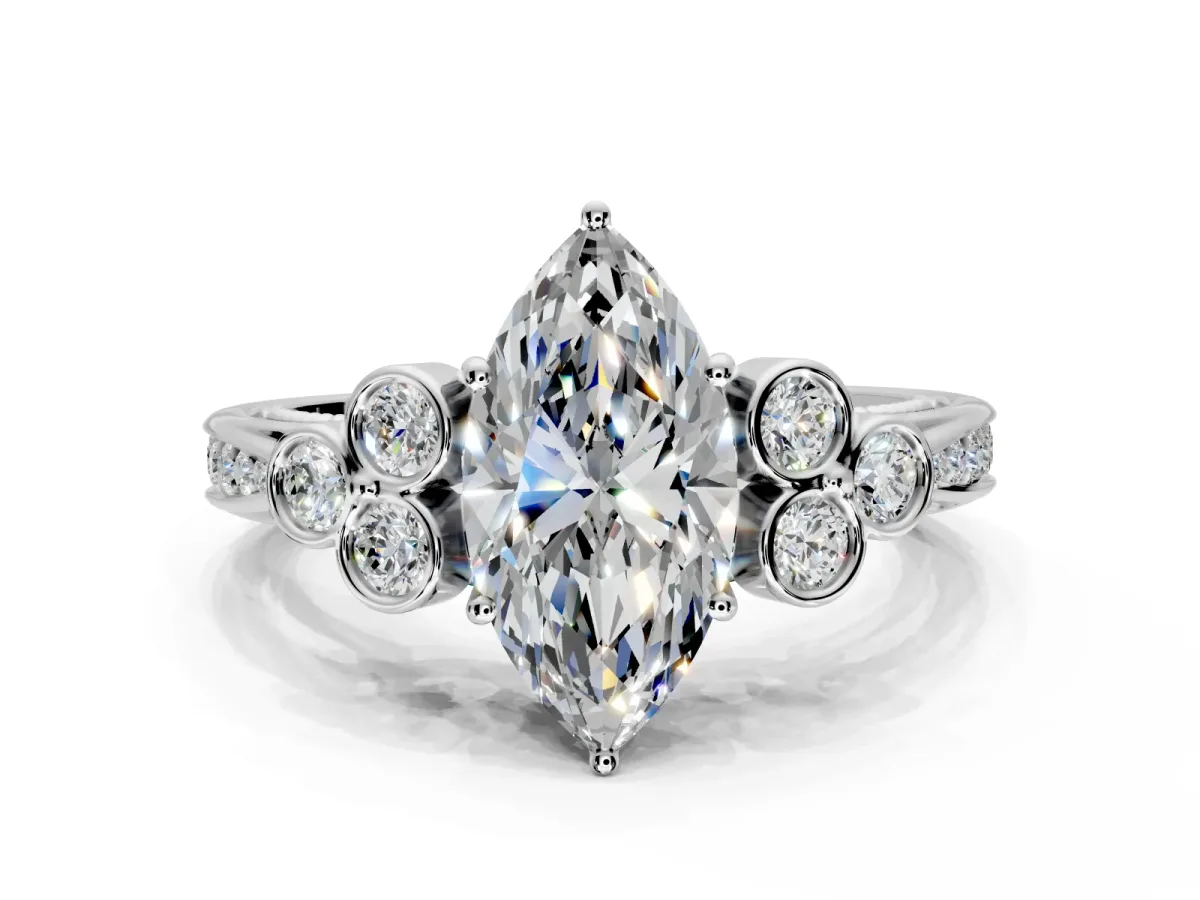 Cluster Engagement Ring Setting for Marquise Center with Bezel Accent Clusters and Prong Head in Sterling Silver