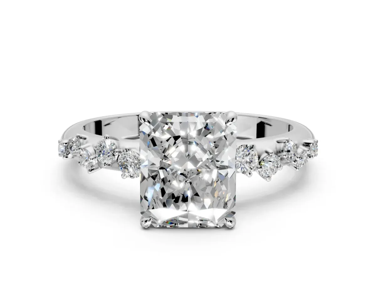 Cluster Engagement Ring Setting for Radiant Cut Center with Round Cut Accent Band and Prong Head in White Gold