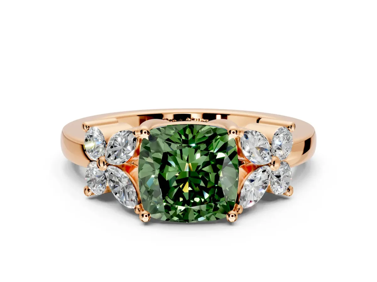 Floral Engagement Ring Setting for Fancy Green Cushion Cut Center with Marquise Cluster Shoulders and Prong Head in Rose Gold