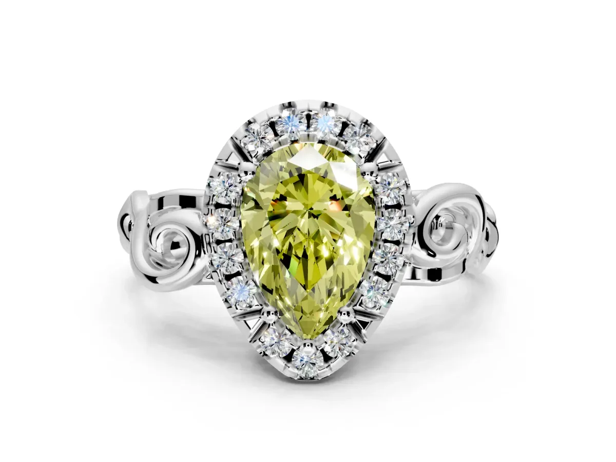 Halo Engagement Ring Setting for Fancy Yellow Pear-Shaped Center with Open Scroll Shoulders and Prong Head in Sterling Silver