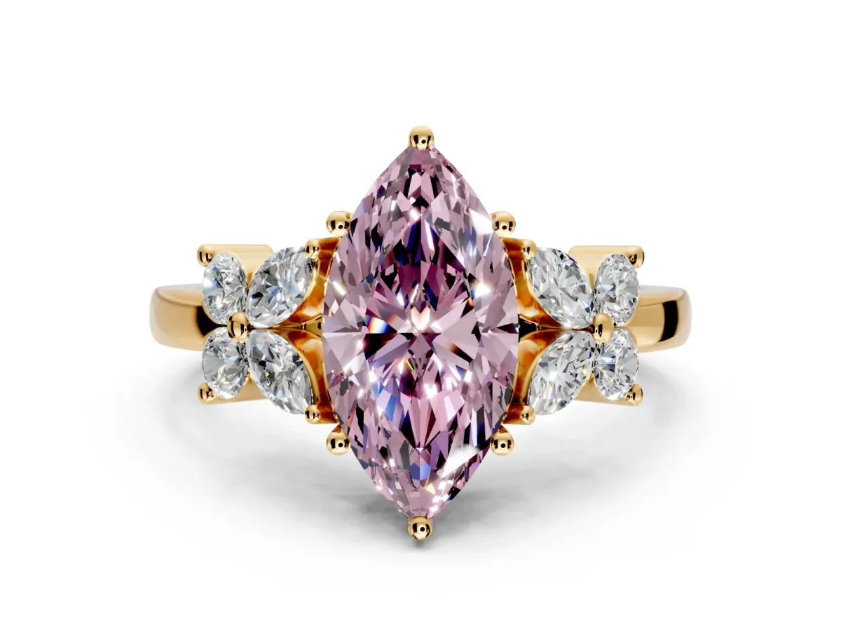 Floral Engagement Ring Setting for Fancy Pink Marquise Center with Marquise Cluster Shoulders and Prong Head in Yellow Gold