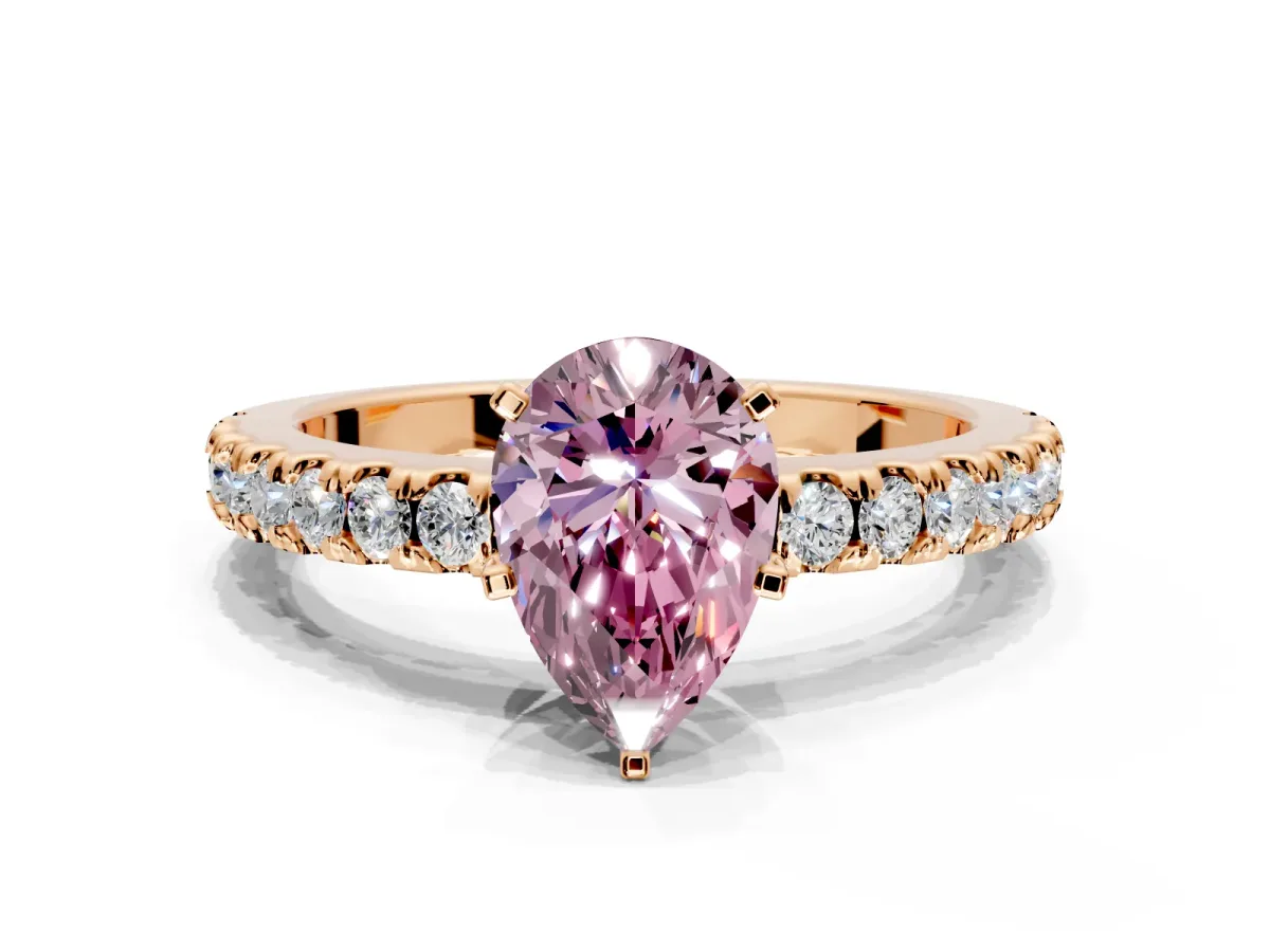 Solitaire Engagement Ring Setting for Fancy Pink Pear-Shaped Center with Single Row Accent Band and Prong Head in Rose Gold