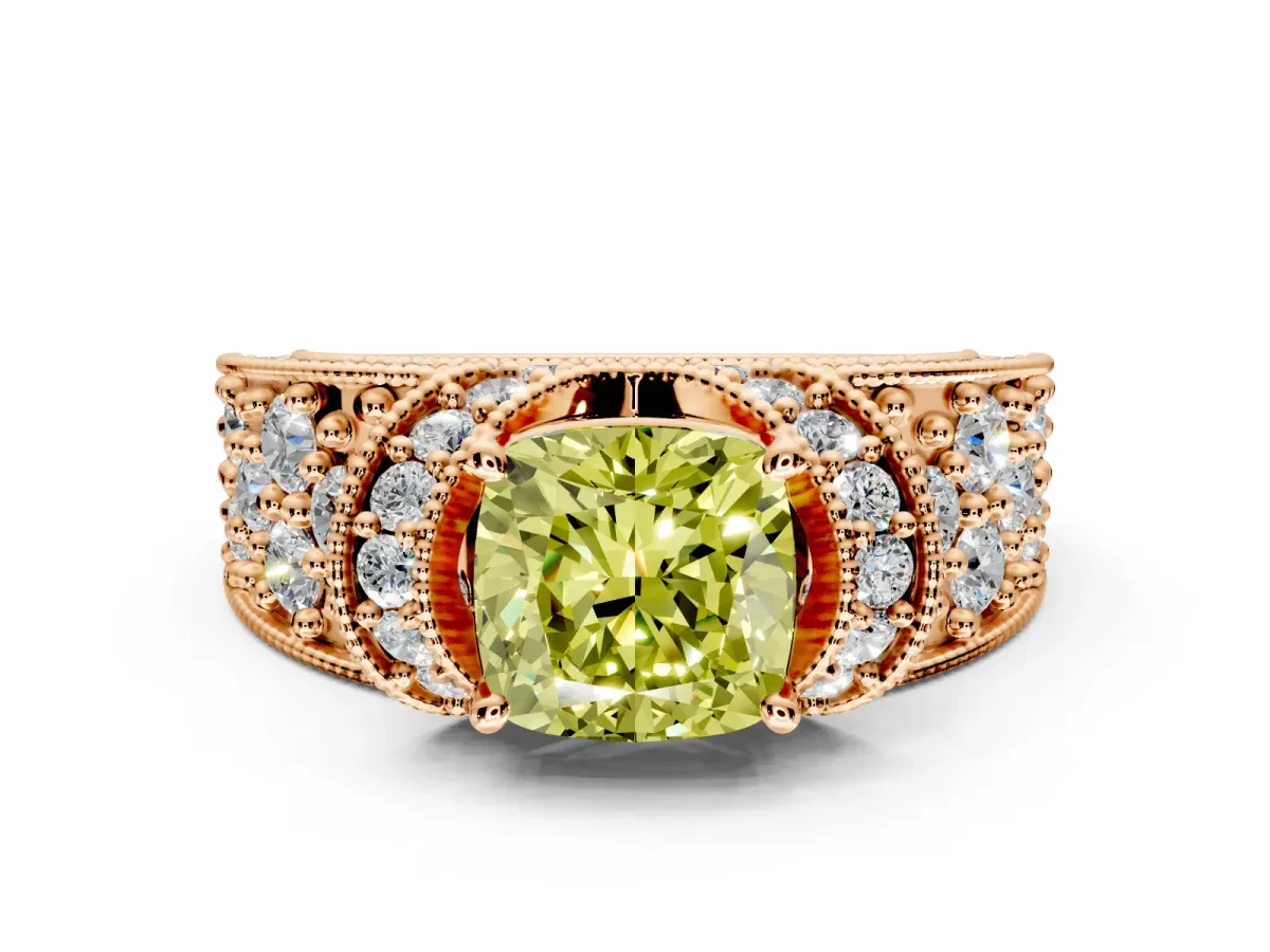 Pave Engagement Ring Setting for Fancy Yellow Cushion Cut Center with Curved Accent Rows, Openwork and Prong Head in Rose Gold