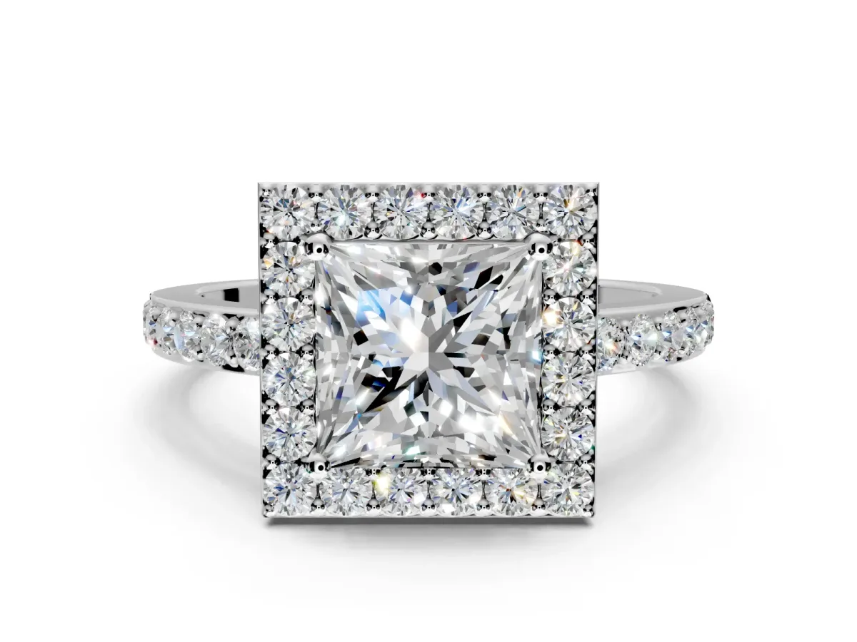 Halo Engagement Ring Setting for Princess Cut Center with Heart-Shaped Openwork, Pave Band and Prong Head in Sterling Silver