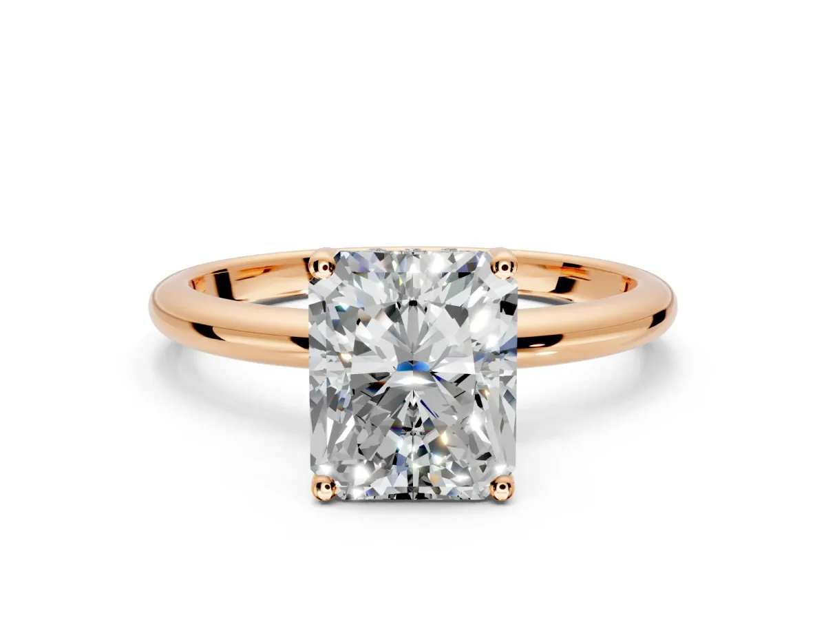 Hidden Halo Engagement Ring Setting for Radiant Cut Center with Thin Round-Wire Band and Prong Head in Rose Gold