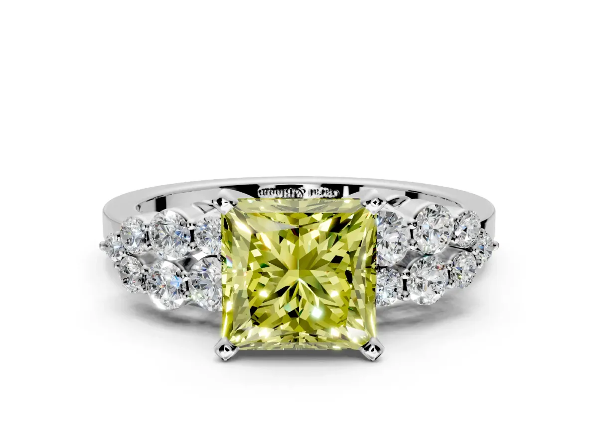 Cluster Engagement Ring Setting for Fancy Yellow Princess Cut Center with 2-Row Shoulder Clusters and Prong Head in Sterling Silver