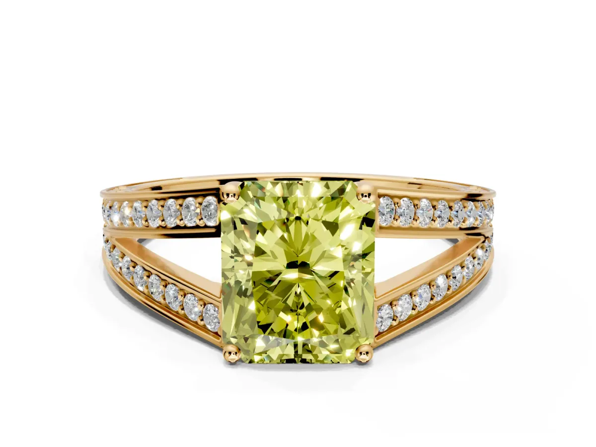 Split Shank Engagement Ring Setting for Fancy Yellow Radiant Cut Center with Pave Split Shank and Prong Head in Yellow Gold