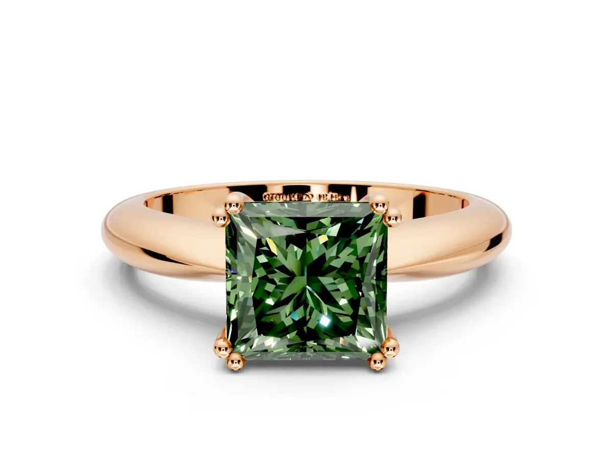 Solitaire Engagement Ring Setting for Fancy Green Princess Cut Center with Reverse Tapered Band and Prong Head in Rose Gold