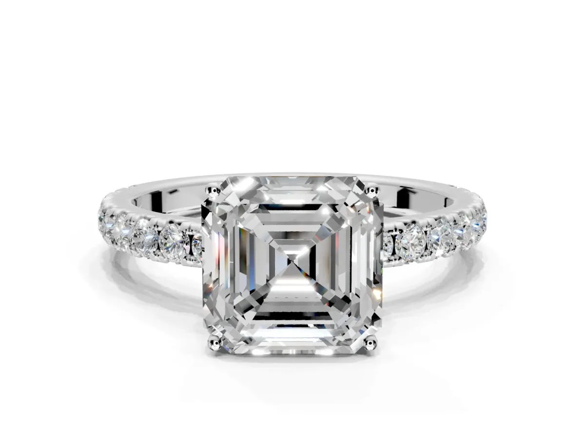 Solitaire Engagement Ring Setting for Asscher Cut Center with Large Accent Band and Prong Head in White Gold
