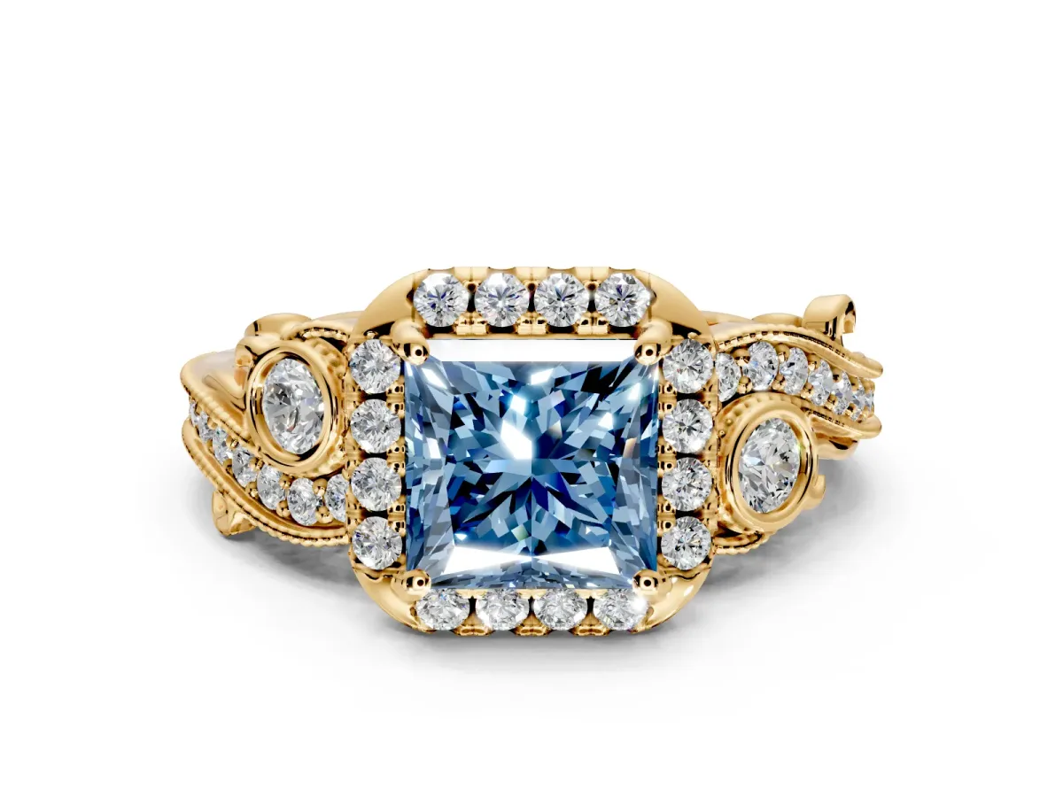 Milgrain Halo Engagement Ring Setting for Fancy Blue Princess Cut Center with Shoulder Bezels and Prong Head in Yellow Gold
