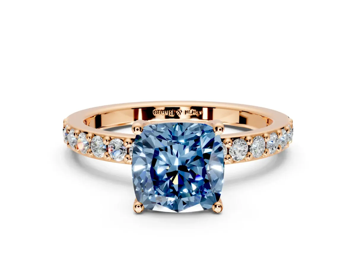 Solitaire Engagement Ring Setting for Fancy Blue Cushion Cut Center with Round Cut Pave Band and Prong Head in Rose Gold