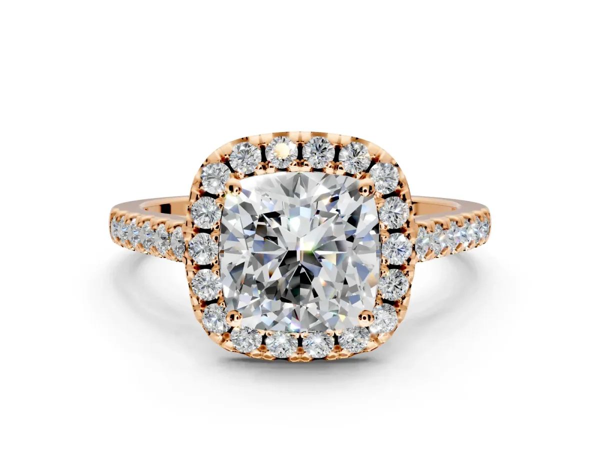 Halo Engagement Ring Setting for Cushion Cut Center with Raised Halo, Pave Band and Prong Head in Rose Gold
