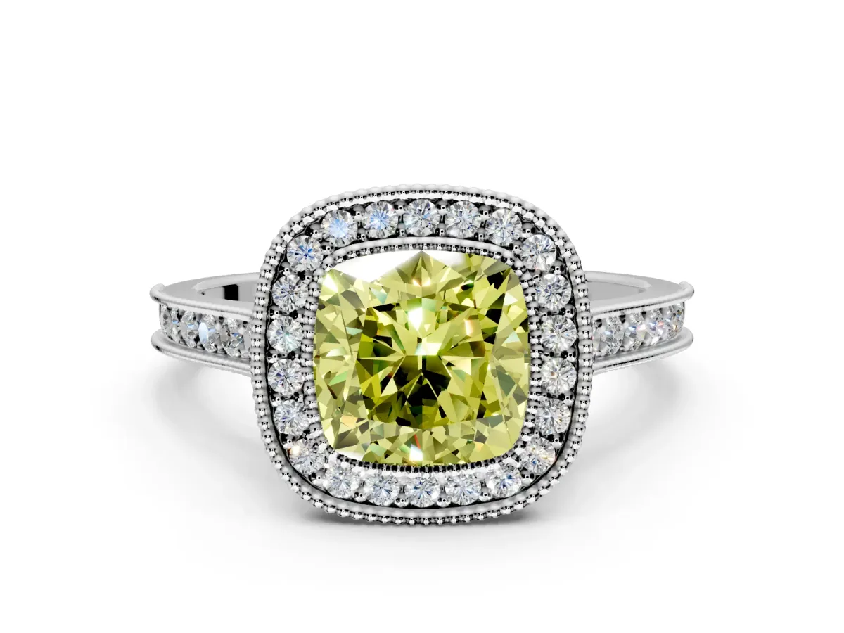 Halo Engagement Ring Setting for Fancy Yellow Cushion Cut Center with Milgrain Pave Band and Bezel Head in White Gold