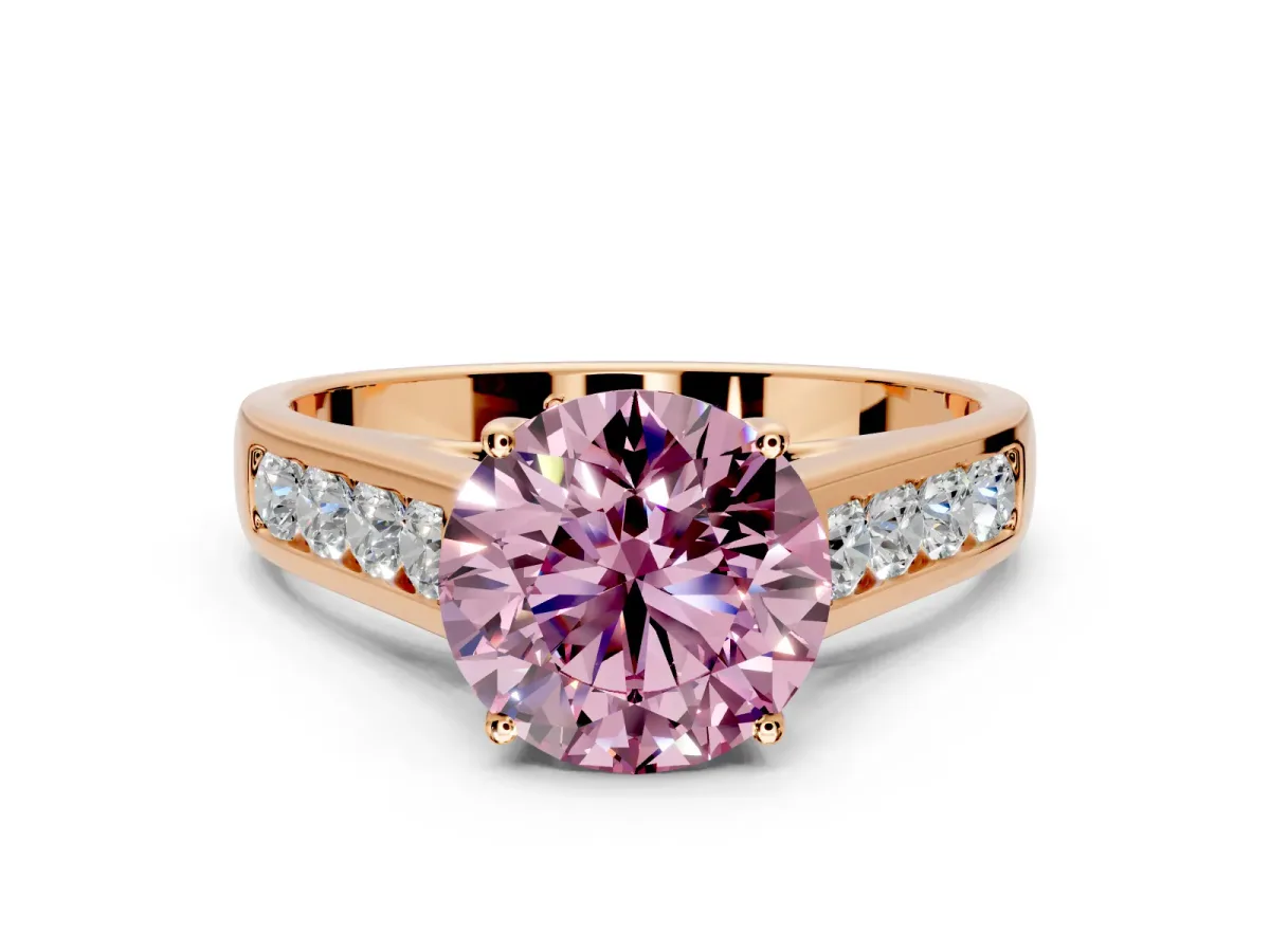 Solitaire Engagement Ring Setting for Fancy Pink Round Cut Center with Cathedral Channel Band and Prong Head in Rose Gold