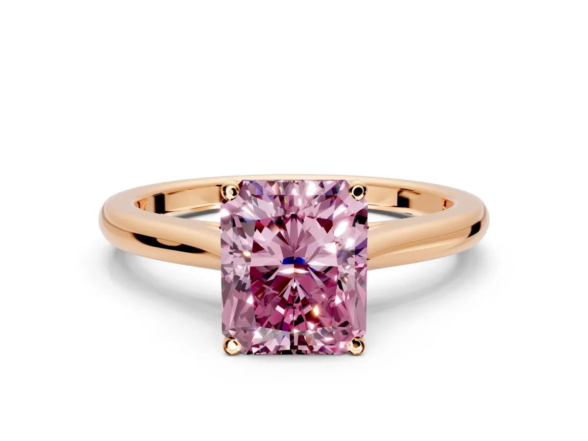 Solitaire Engagement Ring Setting for Fancy Pink Radiant Cut Center with Narrow Cathedral Band and Prong Head in Rose Gold