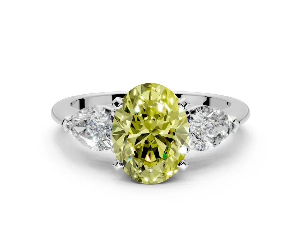 3 Stone Engagement Ring Setting for Fancy Yellow Oval Center with Large Pear-Shaped Accents and Prong Head in Platinum