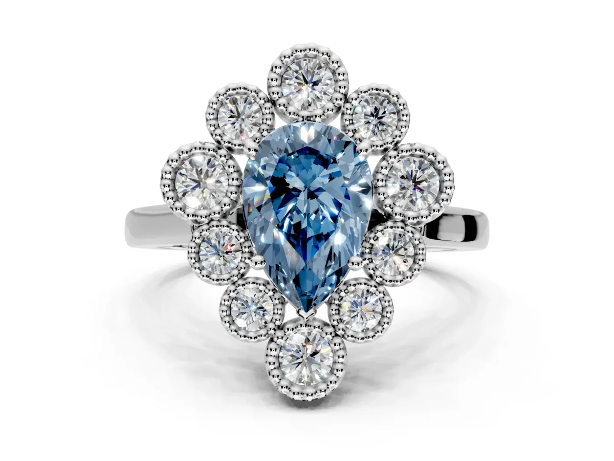 Cluster Halo Engagement Ring Setting for Fancy Blue Pear-Shaped Center with Milgrain Bezel Accents and Prong Head in Platinum