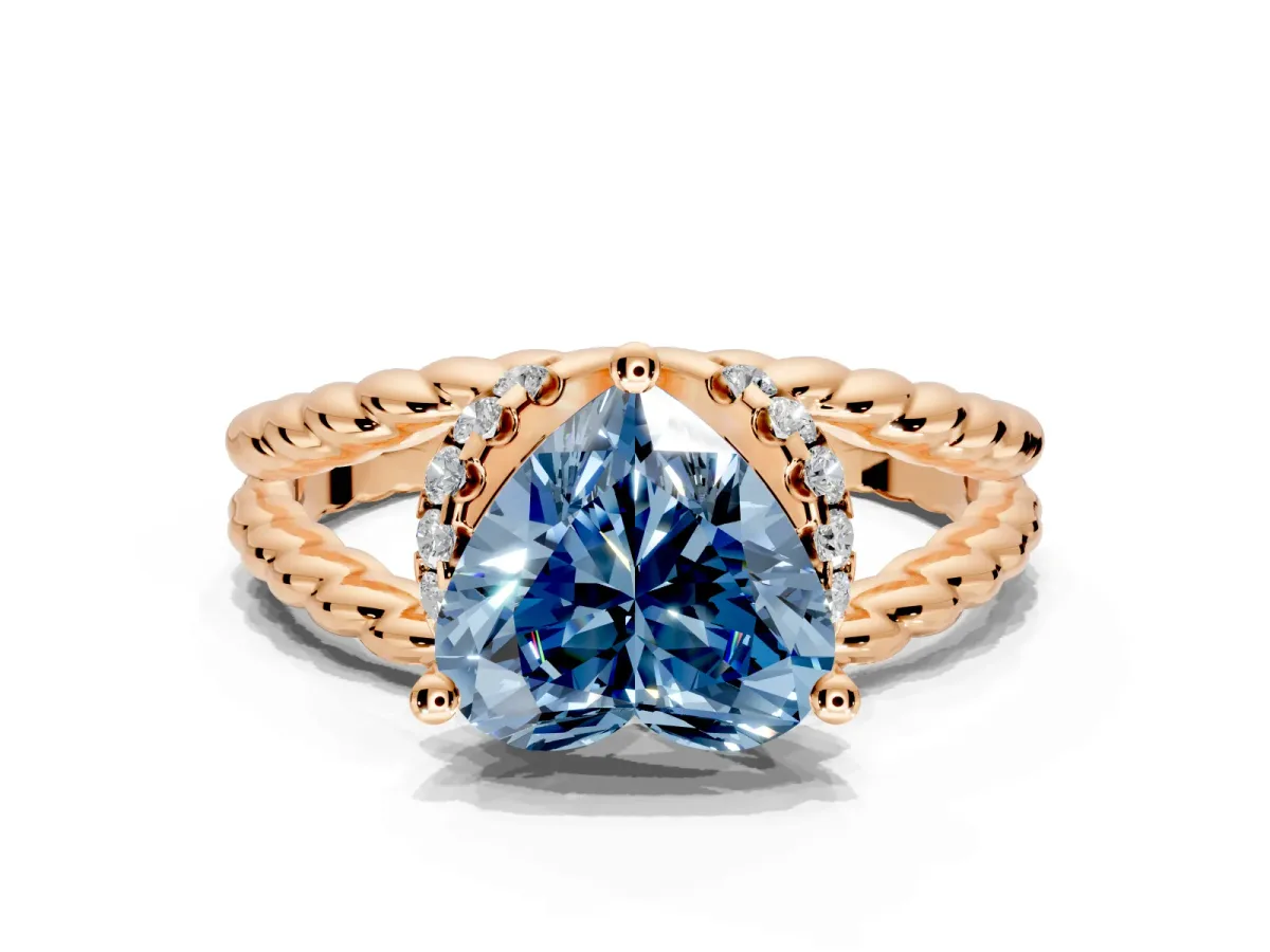 Halo Engagement Ring Setting for Fancy Blue Heart-Shaped Center with Rope Twist Split Shank and Prong Head in Rose Gold