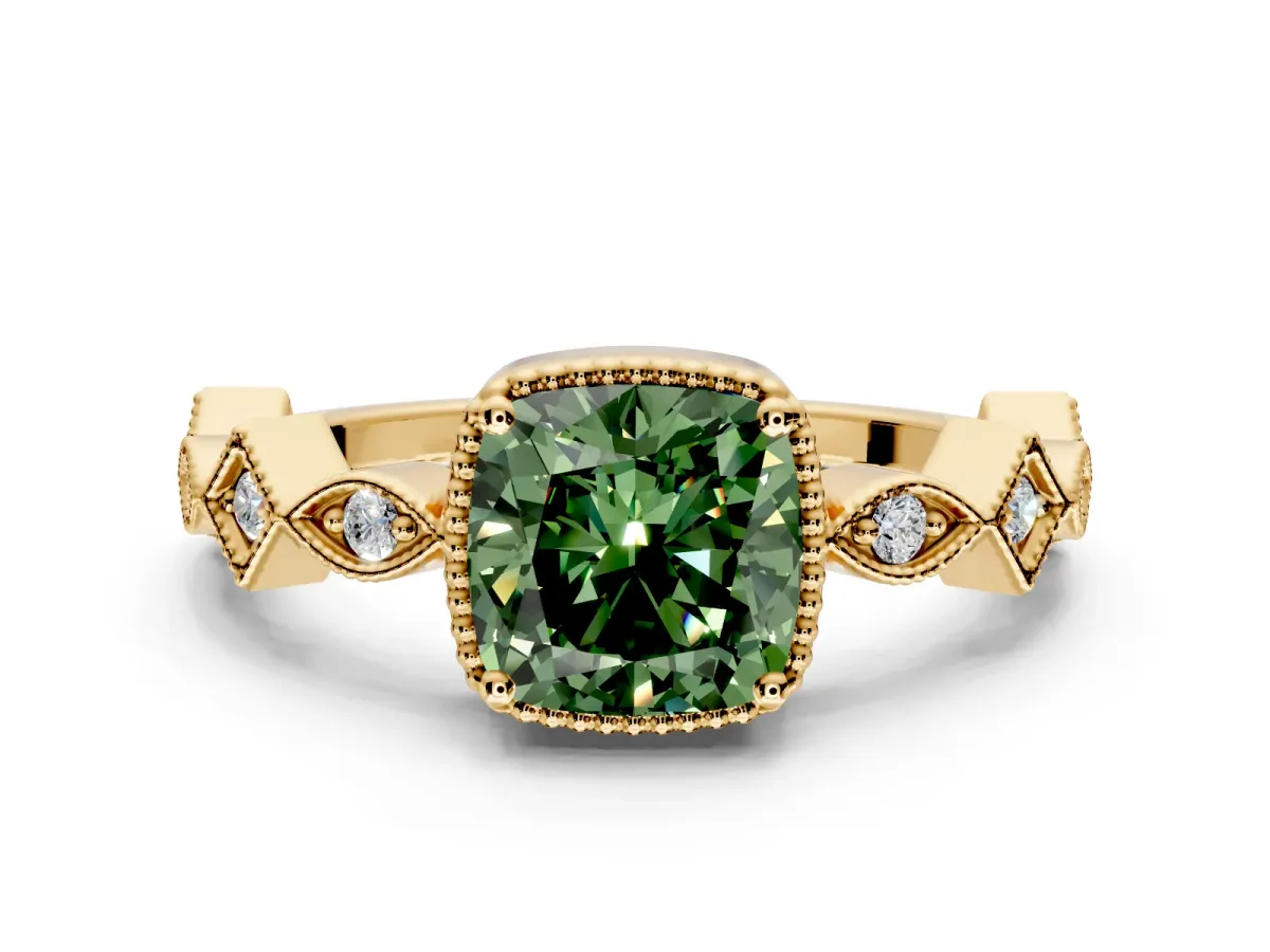 Milgrain Bezel Engagement Ring Setting for Fancy Green Cushion Cut Center with Marquise Stations and Bezel Head in Yellow Gold