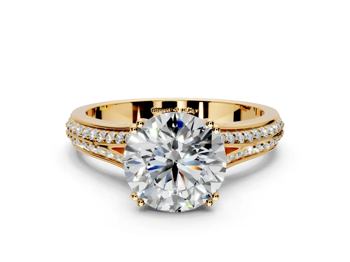 Solitaire Engagement Ring Setting for Round Cut Center with Pave Rail Split Shank and Prong Head in Yellow Gold