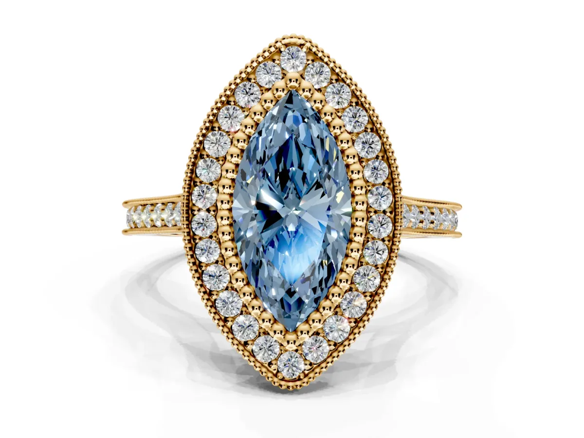 Halo Engagement Ring Setting for Fancy Blue Marquise Center with Milgrain Frame, Pave Band and Prong Head in Yellow Gold