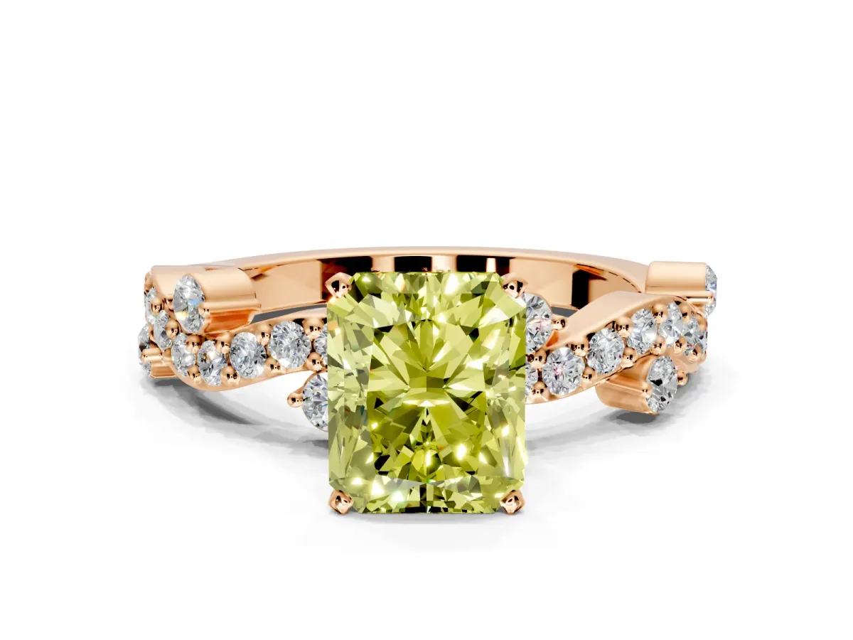 Solitaire Engagement Ring Setting for Fancy Yellow Radiant Cut Center with Bar-Station Pave Twist and Prong Head in Rose Gold