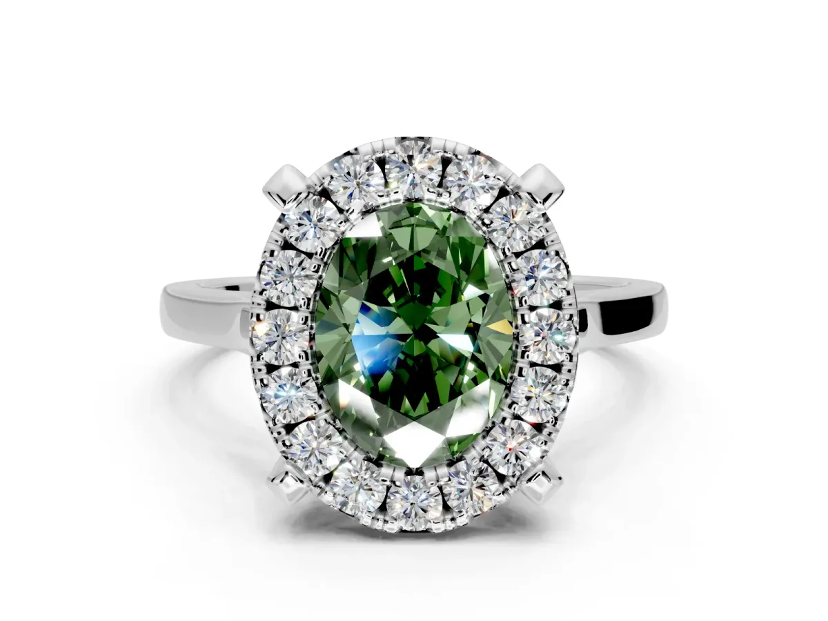 Single Halo Engagement Ring Setting for Fancy Green Oval Center with Corner Claws, Plain Band and Prong Head in Platinum
