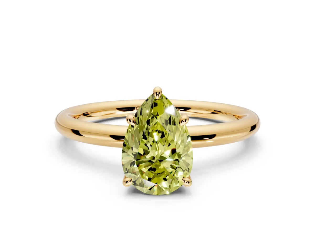 Hidden Halo Engagement Ring Setting for Fancy Yellow Pear-Shaped Center with Thin Rounded Band and Prong Head in Yellow Gold
