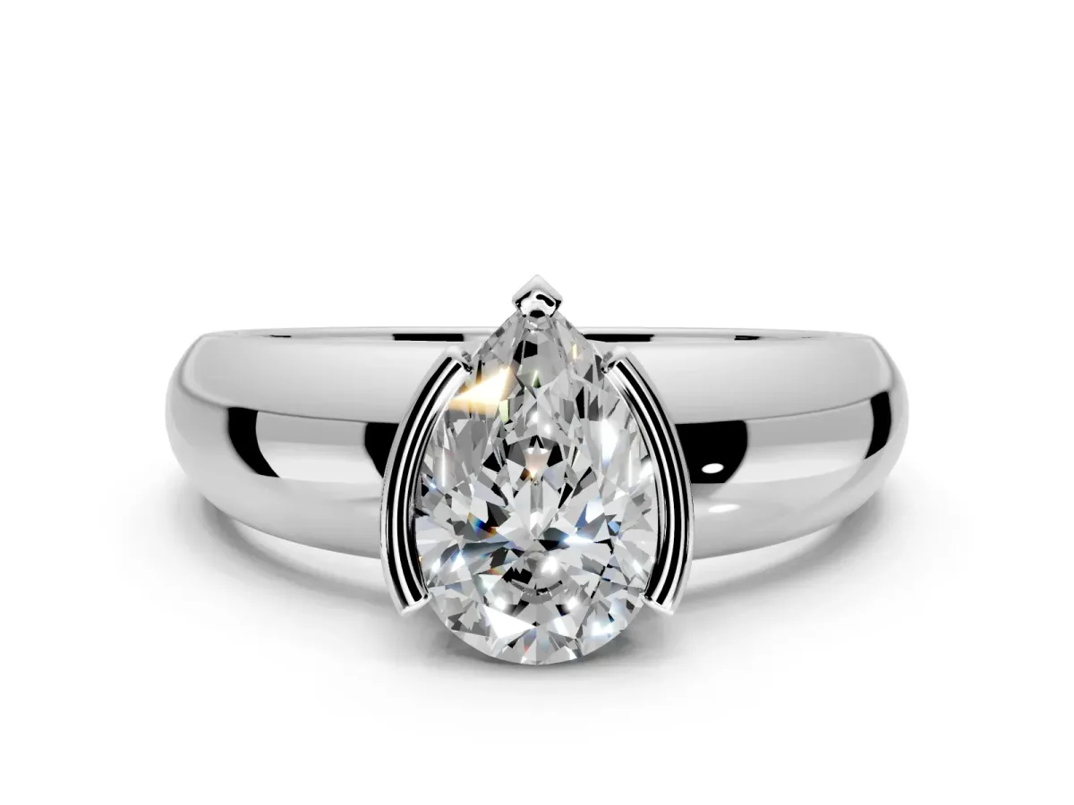 Tension Engagement Ring Setting for Pear-Shaped Center with Wide Flat Band and Tension Head in White Gold