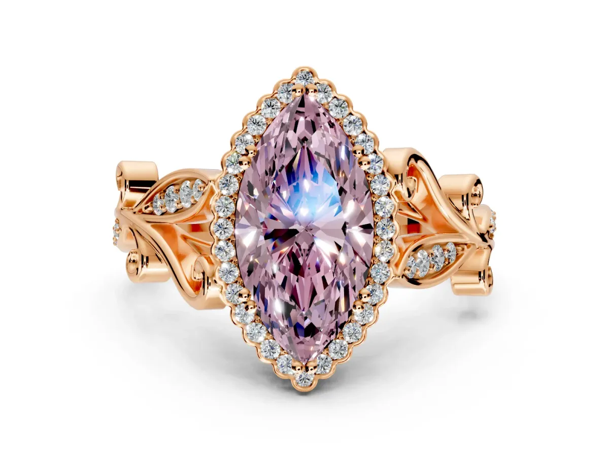 Halo Engagement Ring Setting for Fancy Pink Marquise Center with Leaf Motif Split Shank and Prong Head in Rose Gold