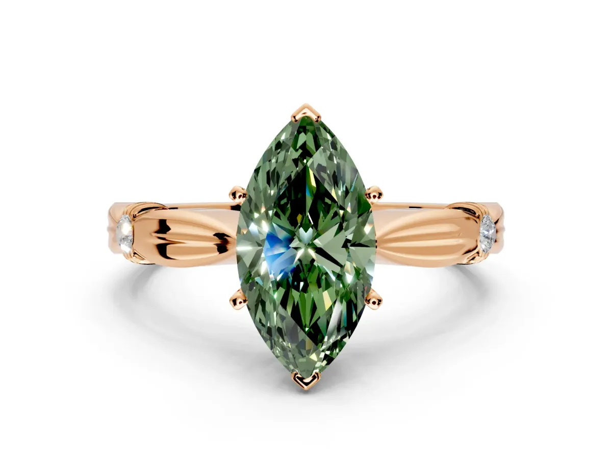 Solitaire Engagement Ring Setting for Fancy Green Marquise Center with Carved Leaf Shoulders and Prong Head in Rose Gold