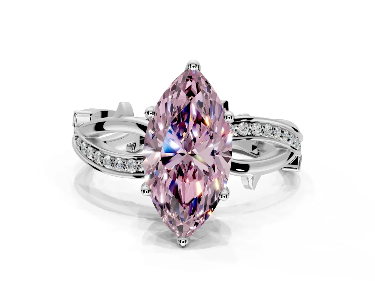 Solitaire Engagement Ring Setting for Fancy Pink Marquise Center with Pave and Plain Crossover Band and Prong Head in Sterling Silver