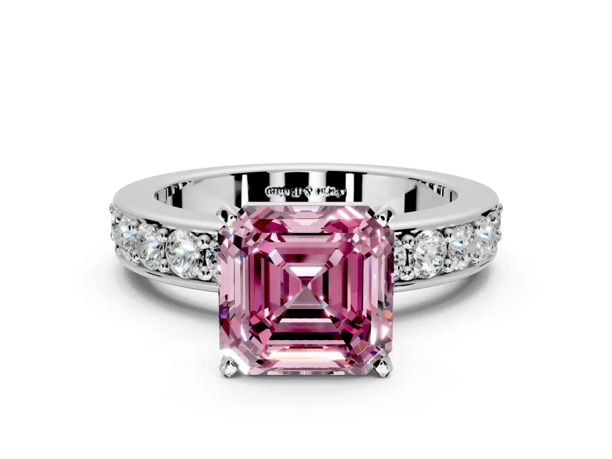 Solitaire Engagement Ring Setting for Fancy Pink Asscher Cut Center with Channel-Set Accents and Prong Head in Sterling Silver