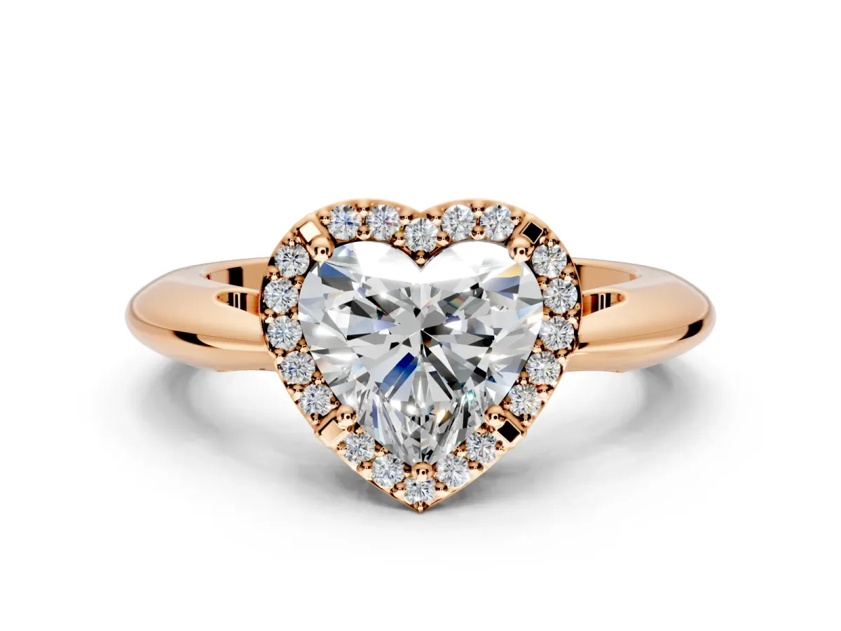 Halo Engagement Ring Setting for Heart-Shaped Center with Tapered Plain Band and Prong Head in Rose Gold