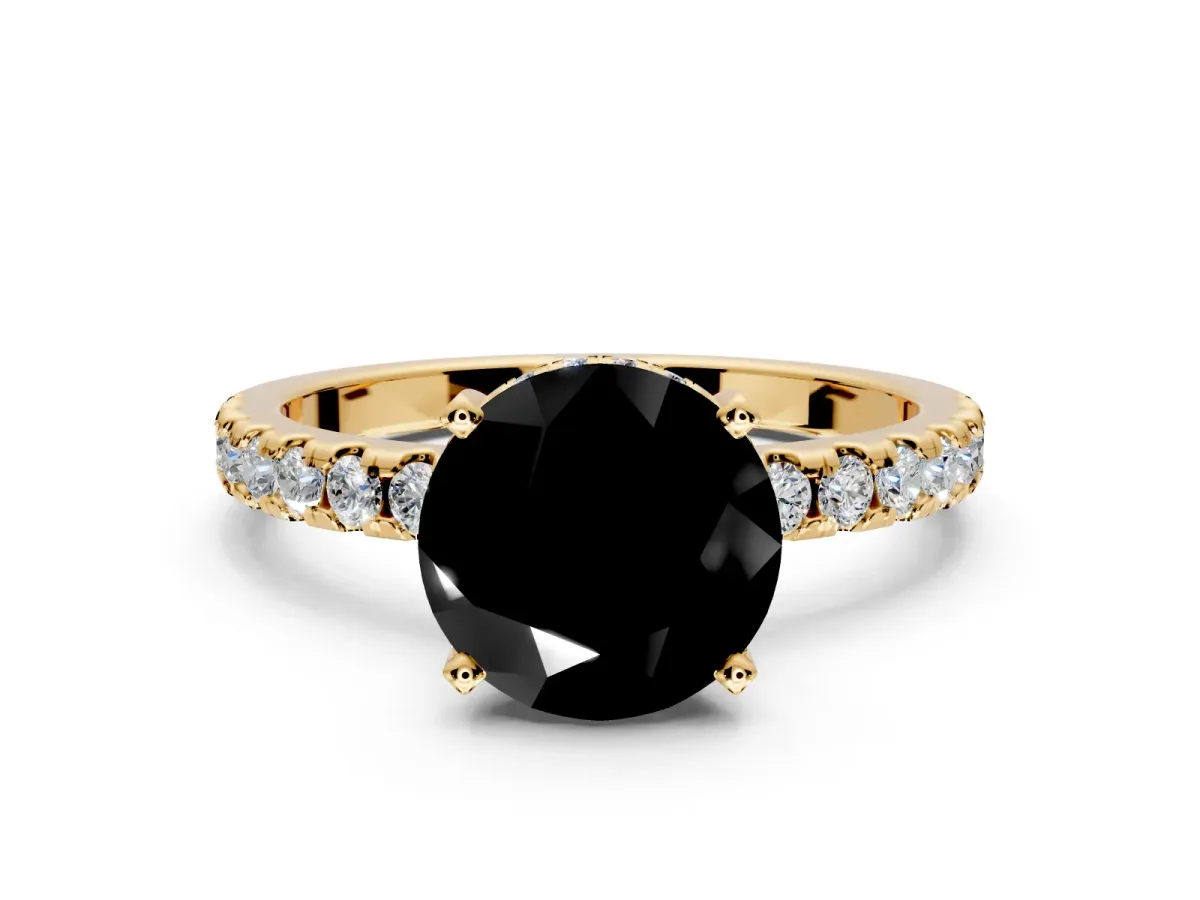 Solitaire Engagement Ring Setting for Fancy Black Round Cut Center with Band of Accents and Prong Head in Yellow Gold