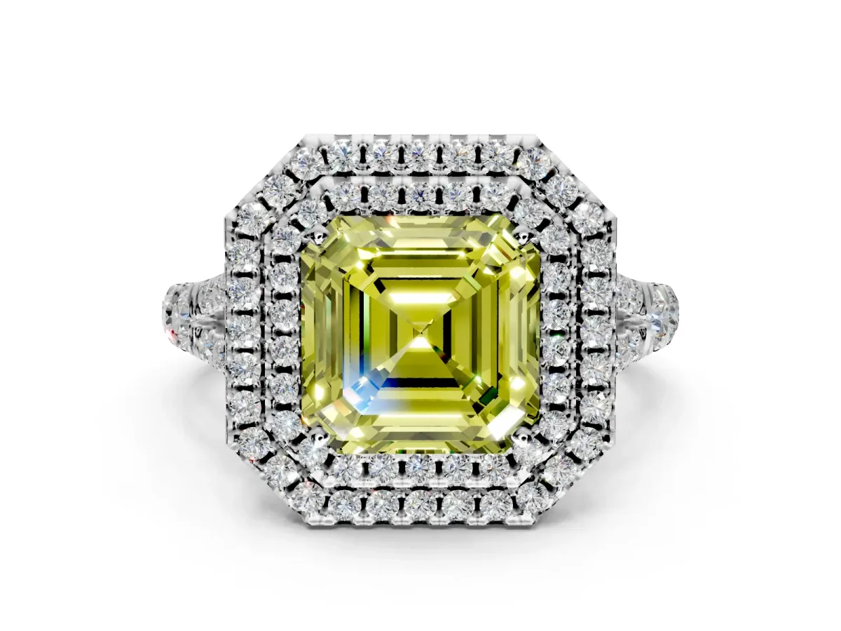Double Halo Engagement Ring Setting for Fancy Yellow Asscher Cut Center with Narrow Pave Split Shank and Prong Head in Sterling Silver