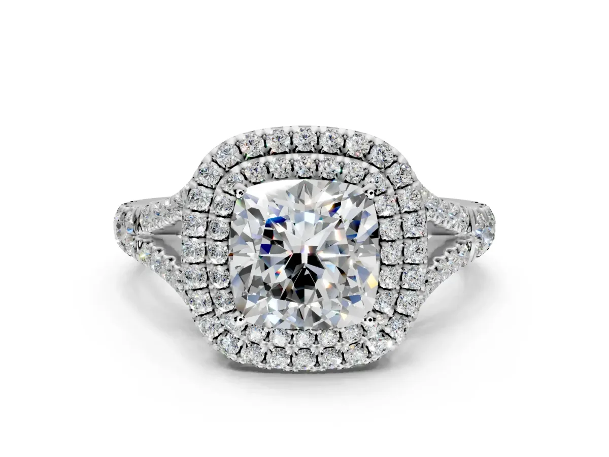 Double Halo Engagement Ring Setting for Cushion Cut Center with Narrow Pave Split Shank and Prong Head in Platinum