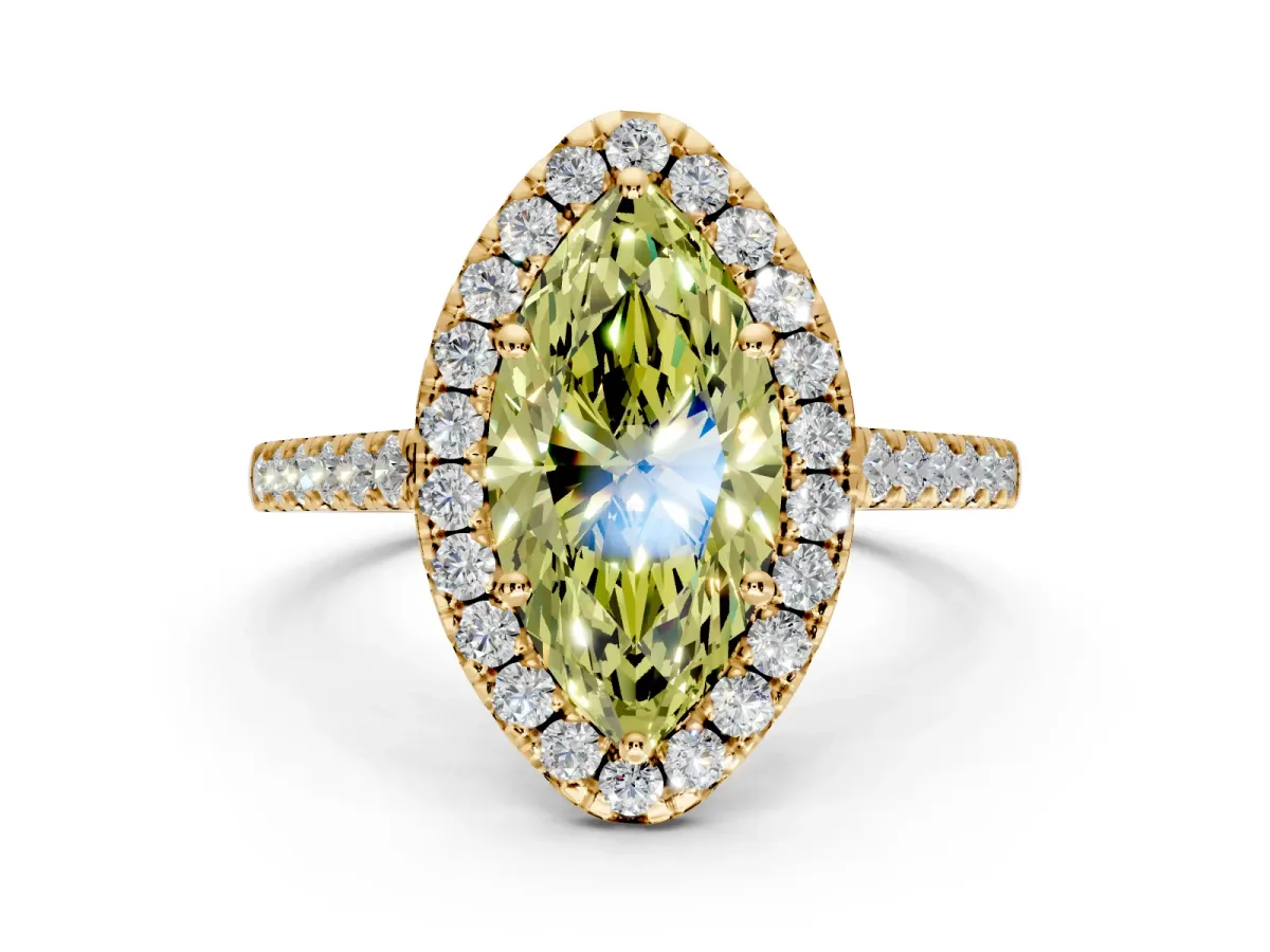 Halo Engagement Ring Setting for Fancy Yellow Marquise Center with Narrowing Pave Band and Prong Head in Yellow Gold