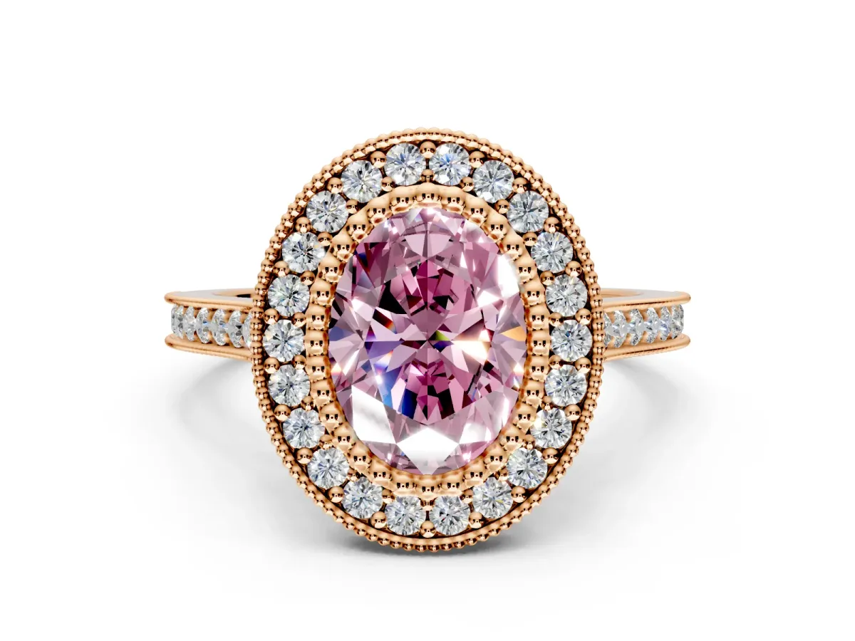 Halo Engagement Ring Setting for Fancy Pink Oval Center with Milgrain Frame, Pave Band and Prong Head in Rose Gold