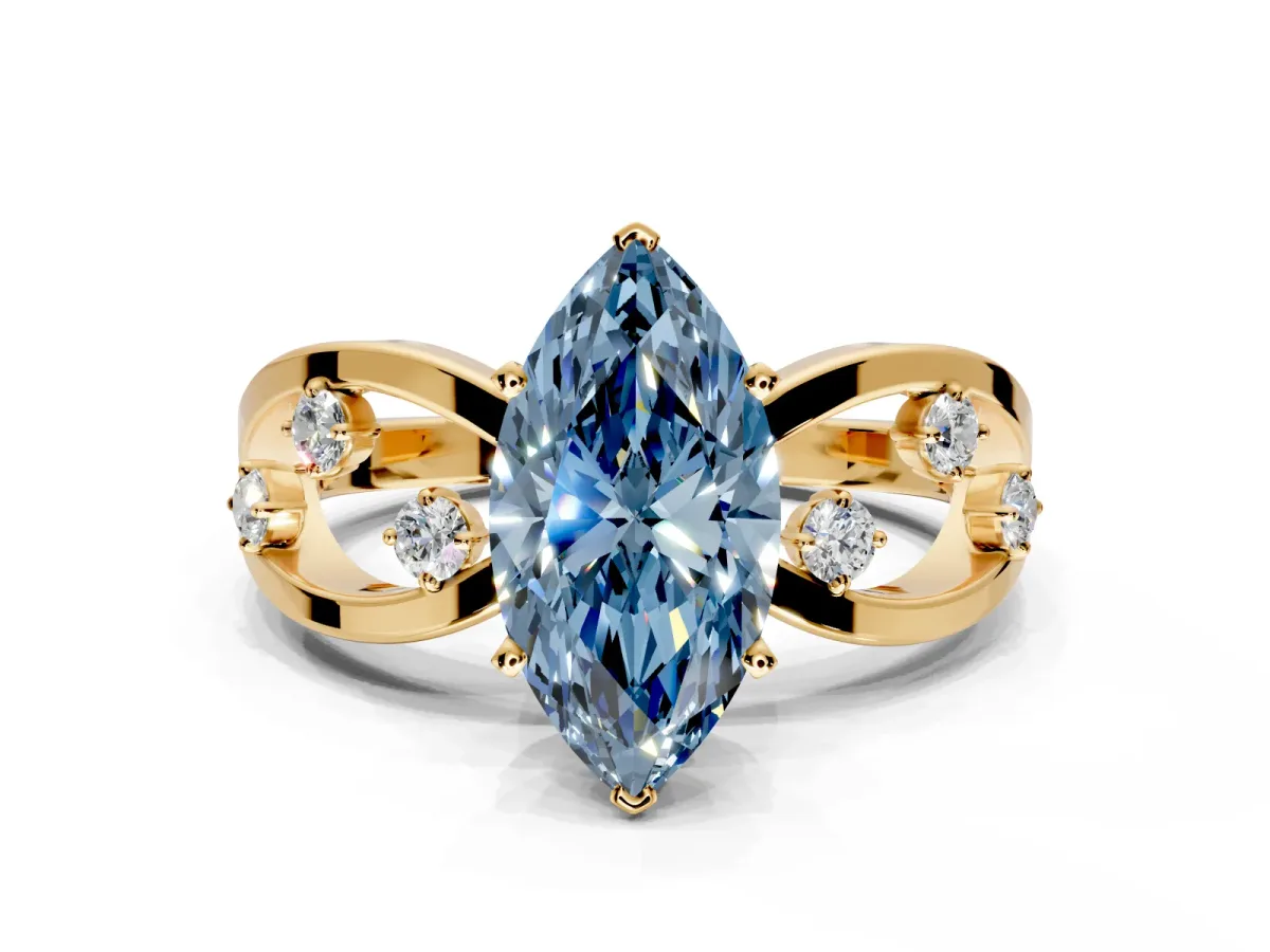 Solitaire Engagement Ring Setting for Fancy Blue Marquise Center with Criss-Cross Accent Band and Prong Head in Yellow Gold
