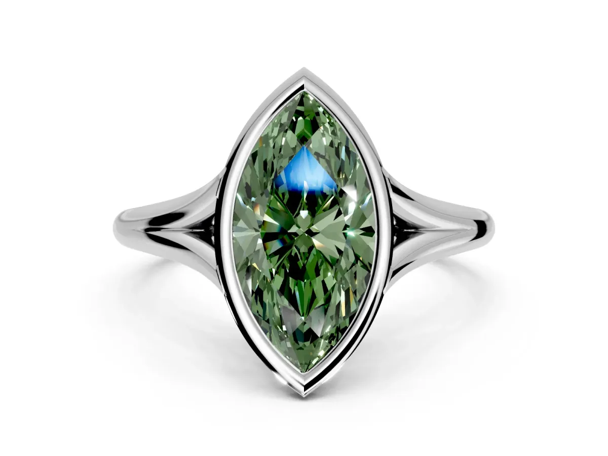 Solitaire Engagement Ring Setting for Fancy Green Marquise Center with V Split Shank and Bezel Head in Sterling Silver