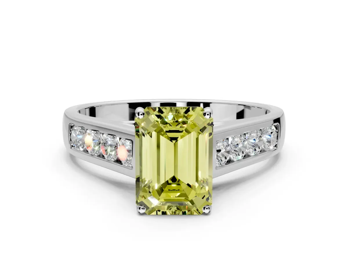 Solitaire Engagement Ring Setting for Fancy Yellow Emerald Cut Center with Round Cut Channel Band and Prong Head in Platinum